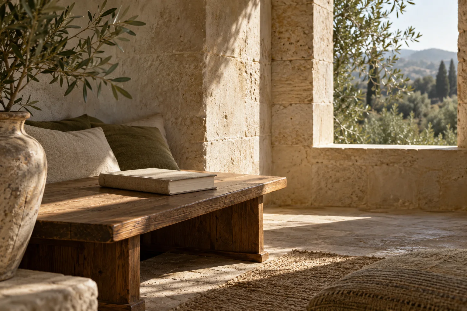 A sunlit stone reading alcove with a closed book.