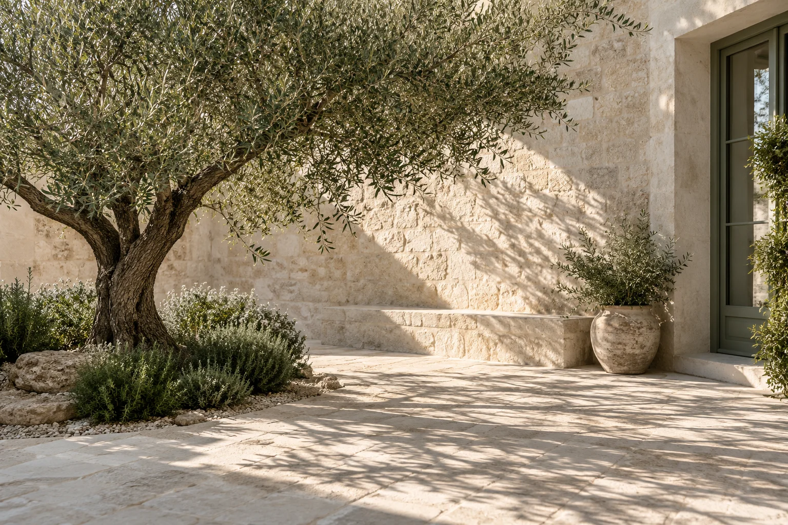 Morning light and an olive tree in a quiet courtyard.
