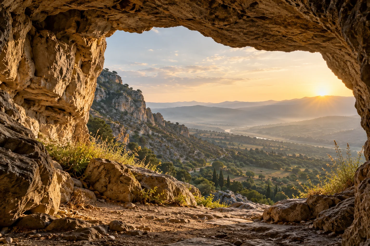A cave entrance opening onto a valley at dawn.